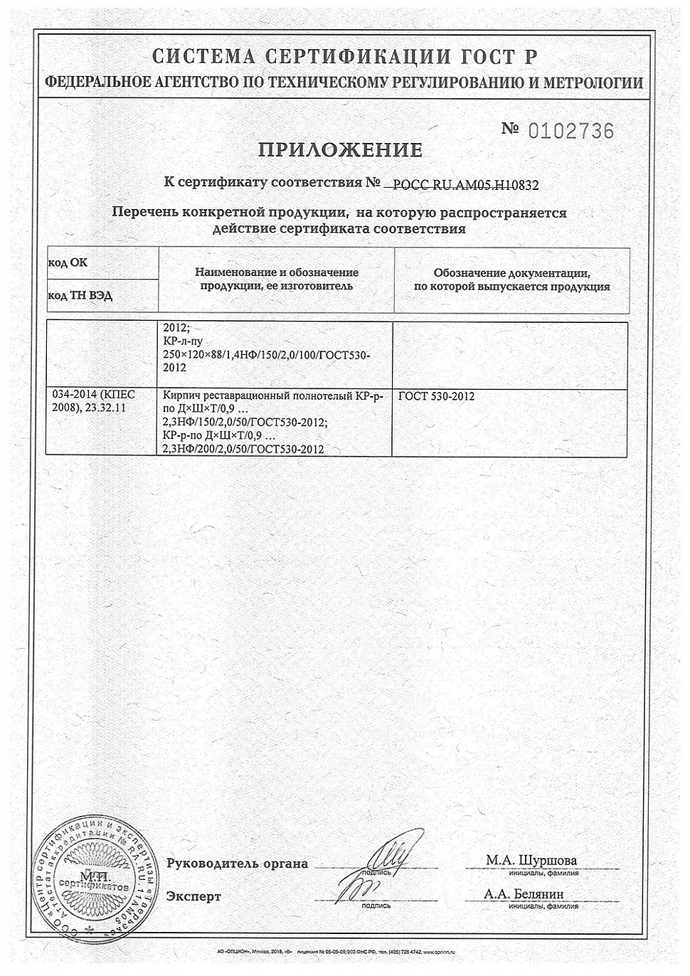 Сертификат соответствия на кирпич полнотелый, производства ТКЗ
