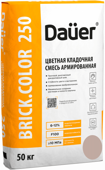 Кладочная смесь для облицовочного кирпича Dauer BRICK.COLOR 250 кремовый, армированная, 50 кг, лето Кладочная смесь для облицовочного кирпича Dauer BRICK.COLOR 250 кремовый, армированная, 50 кг, лето